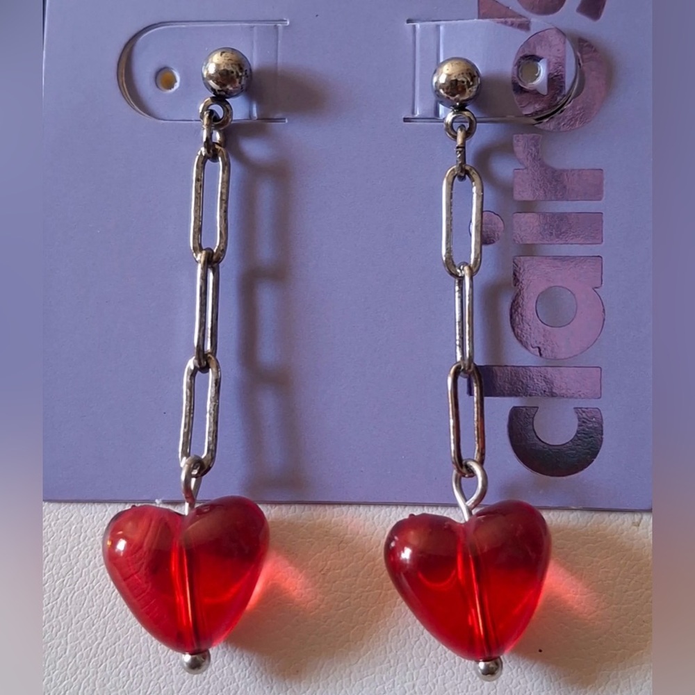 NWT, Red Heart Stud Dangle Earrings on Silver Chain